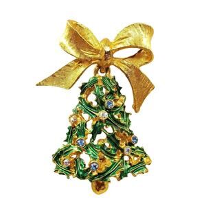 MYLU Christmas Bell Brooch Rhinestone Xmas Holiday Pin Green Enamel Gold Bow